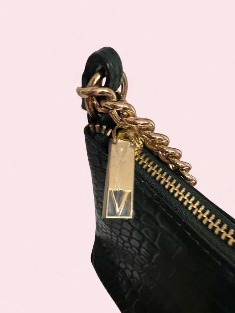 Victoria's Secret Dark Green Croc-Embossed Shoulder Bag with Gold Chain